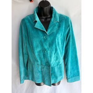 Vintage Suedessence 100% Leather Teal Blue Suede Jacket Size L Retro Classy